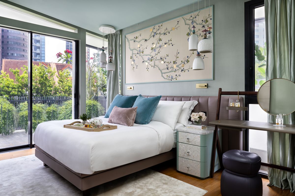 The master bedroom features soothing hues, colour-adjustable light bulbs and blackout curtains for better sleep