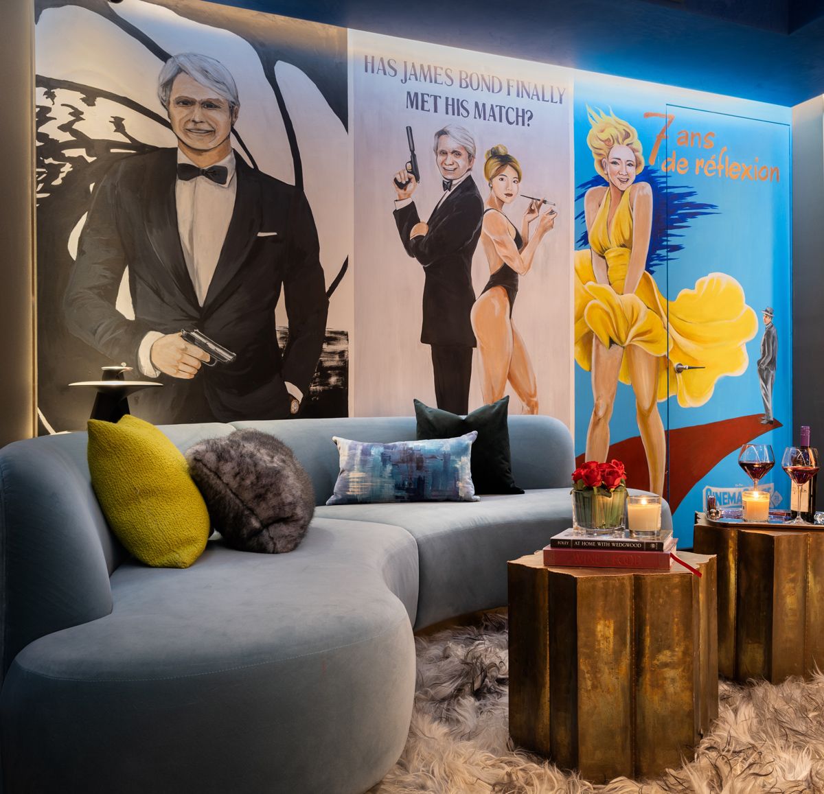 Inspired by classic movie posters, these customised wall murals feature the homeowners’ facial likenesses for a humorous touch
