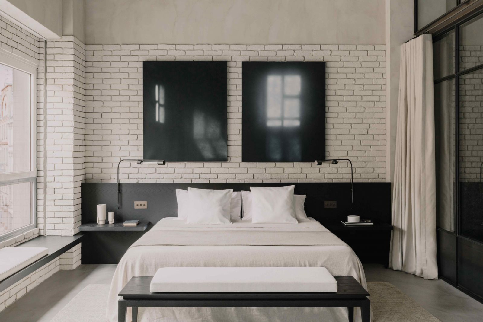 The main bedroom featuring Franziskus Wendels’ paired paintings