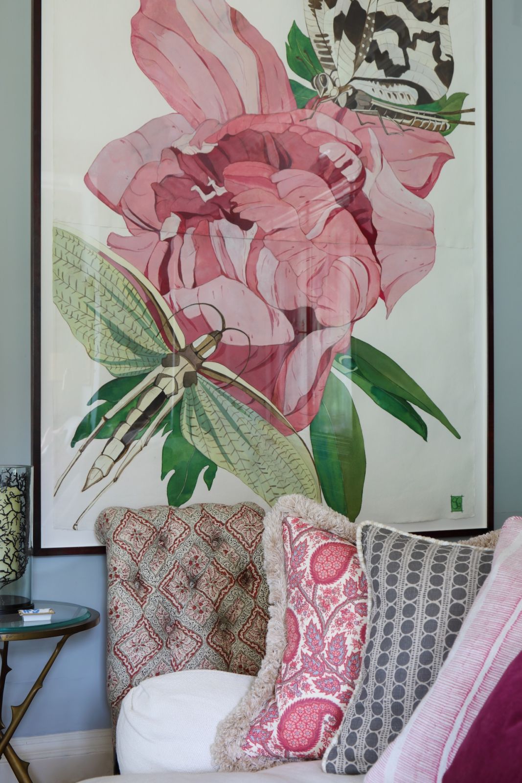 A close-up of Sarah Graham's artworks in the drawing room of this Sussex, England home