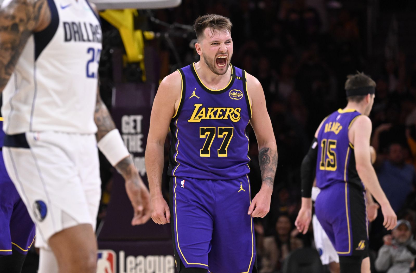 Los Angeles, CA - February 25:  Luka Doncic #77 of the Los Angeles Lakers reacts after a three point shot against the Dallas Mavericks in the first half of a NBA basketball game at Crypto.com Arena in Los Angeles on Tuesday, February 25, 2025. (Photo by Keith Birmingham/MediaNews Group/Pasadena Star-News via Getty Images)
