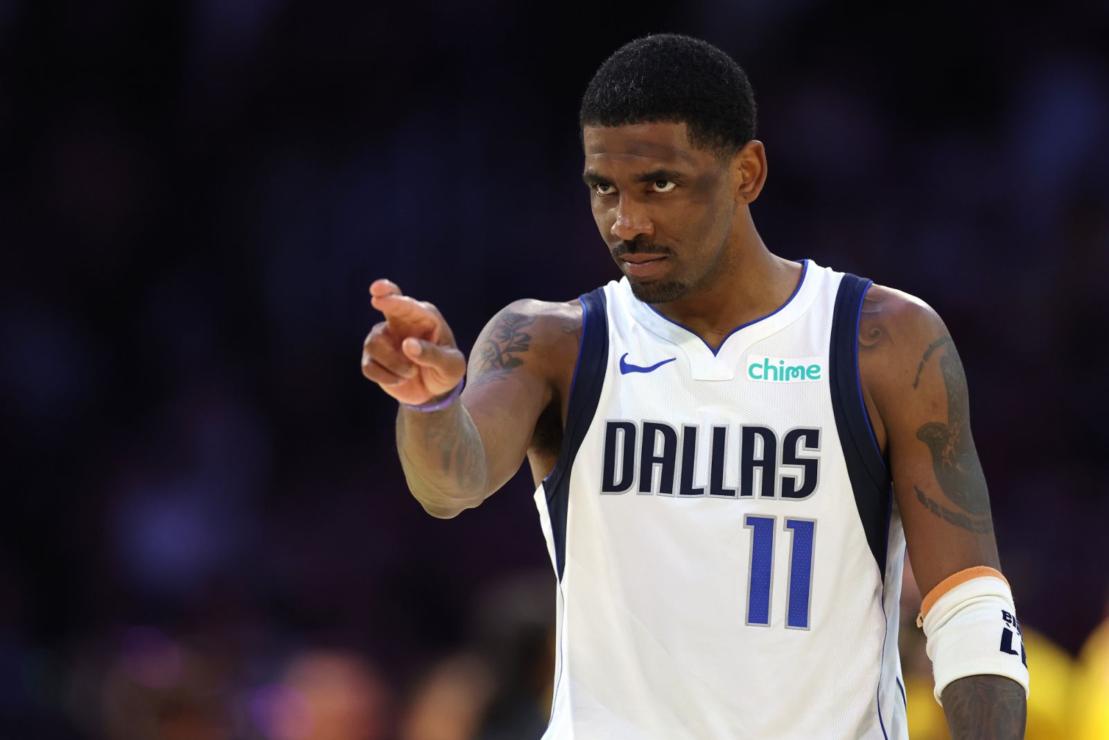LOS ANGELES, CALIFORNIA - FEBRUARY 25: Kyrie Irving #11 of the Dallas Mavericks looks on during the second half of a game against the Los Angeles Lakers at Crypto.com Arena on February 25, 2025 in Los Angeles, California. (Photo by Sean M. Haffey/Getty Images)