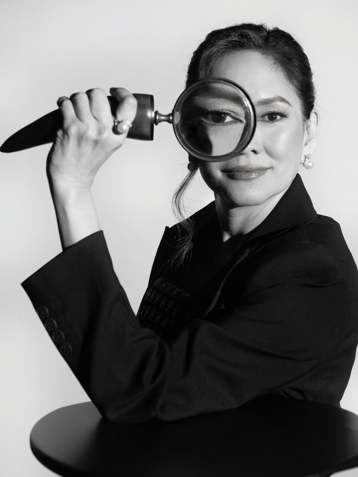 Senator Risa Hontiveros wears a blazer from the stylist’s archives and Love Rocks jewellery