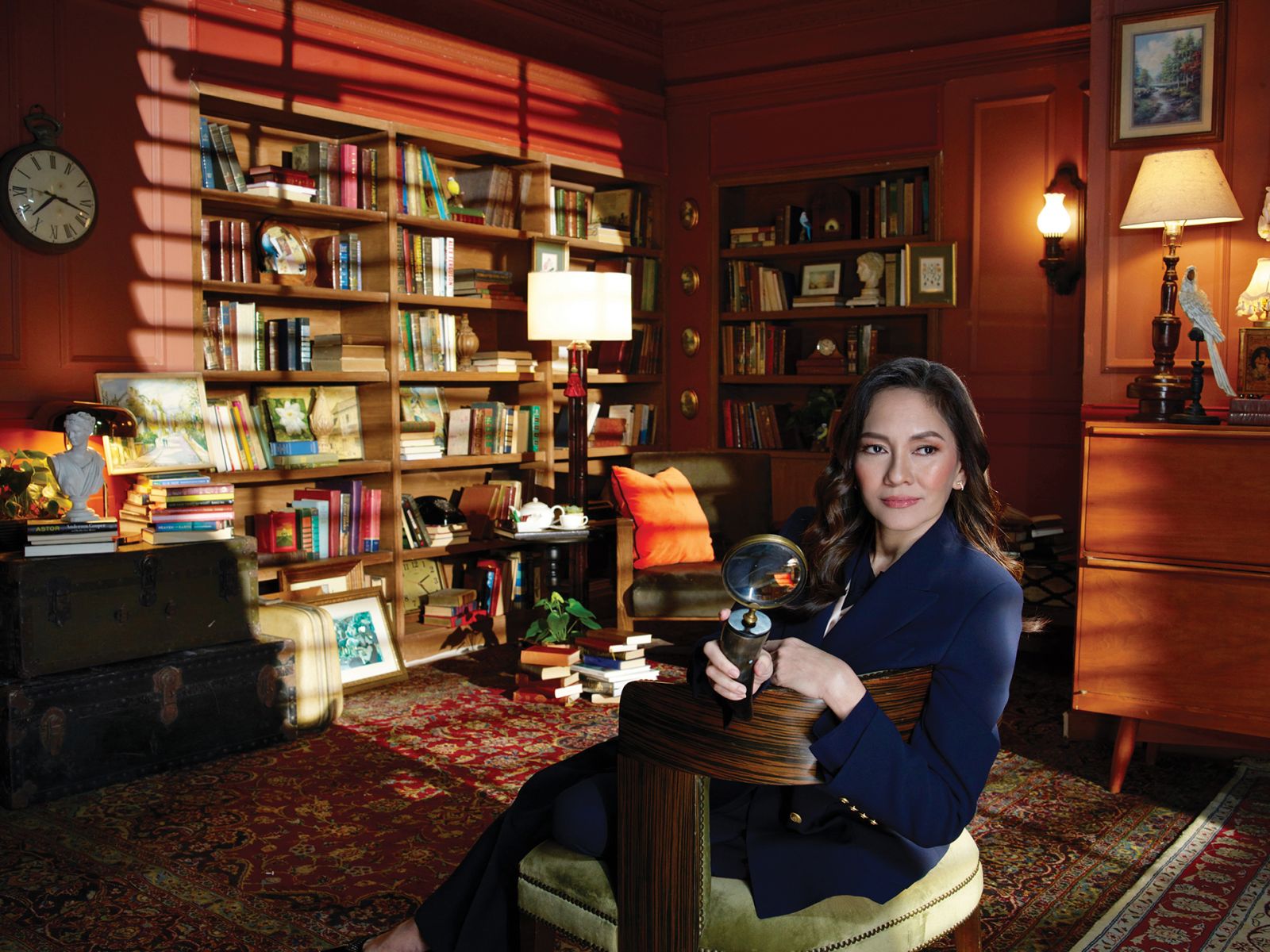 Senator Risa Hontiveros wears Carolina Herrera blouse, blazer and trousers, Escada scarf, Tiffany & Co jewellery