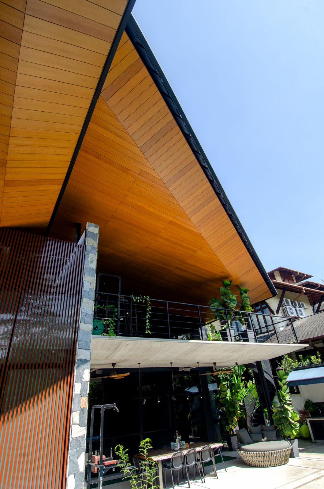 The overlapping pitched roofs