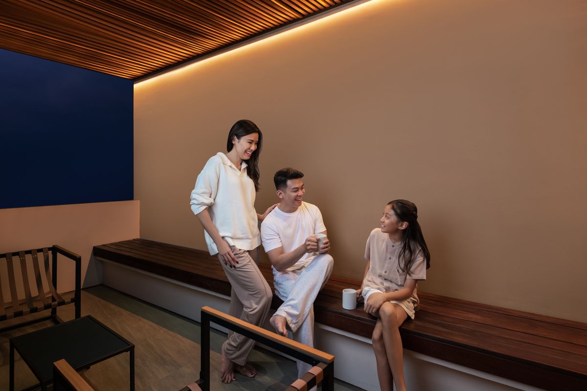 Installed outdoors, the Haga lighting activates the verandah into a lively family social place