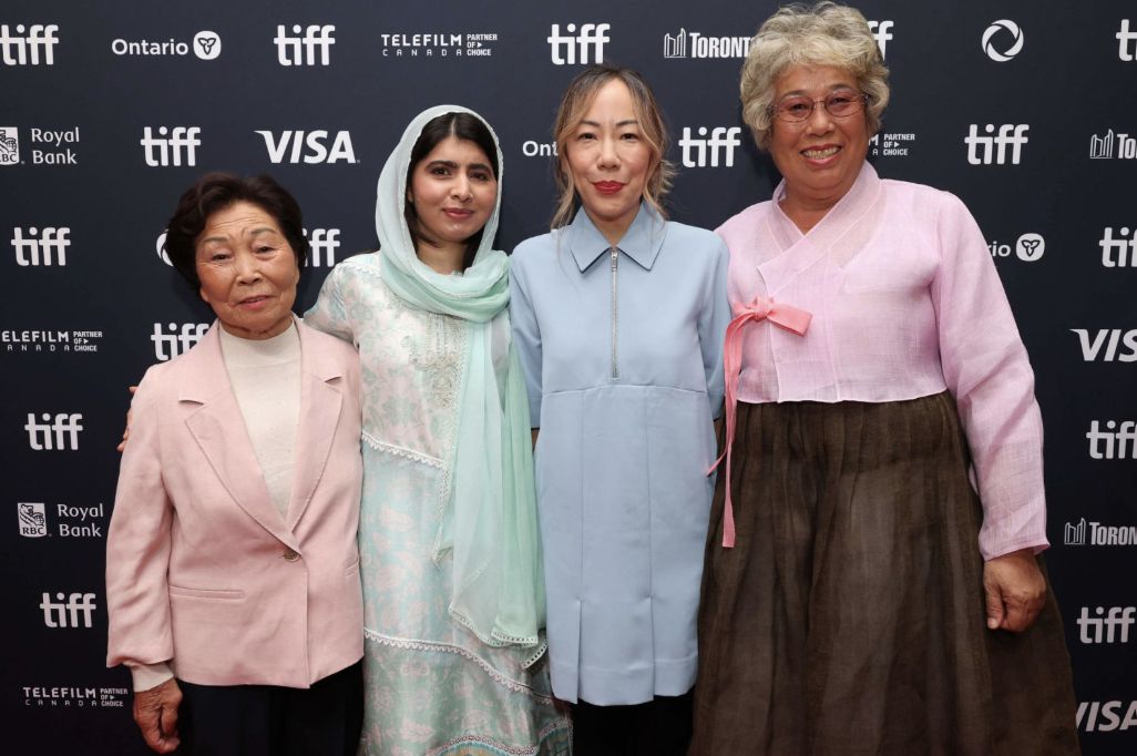 Hee Soon Lee , Malala Yousafzai, Sue Kim and Soon Deok Jang attend the premiere of ‘The Last of the Sea Women’ at the 2024 Toronto International Film Festival