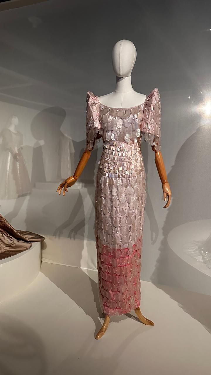 A gown embellished with Capiz shells by Pitoy Moreno on display at 'Timeless: J Moreno'