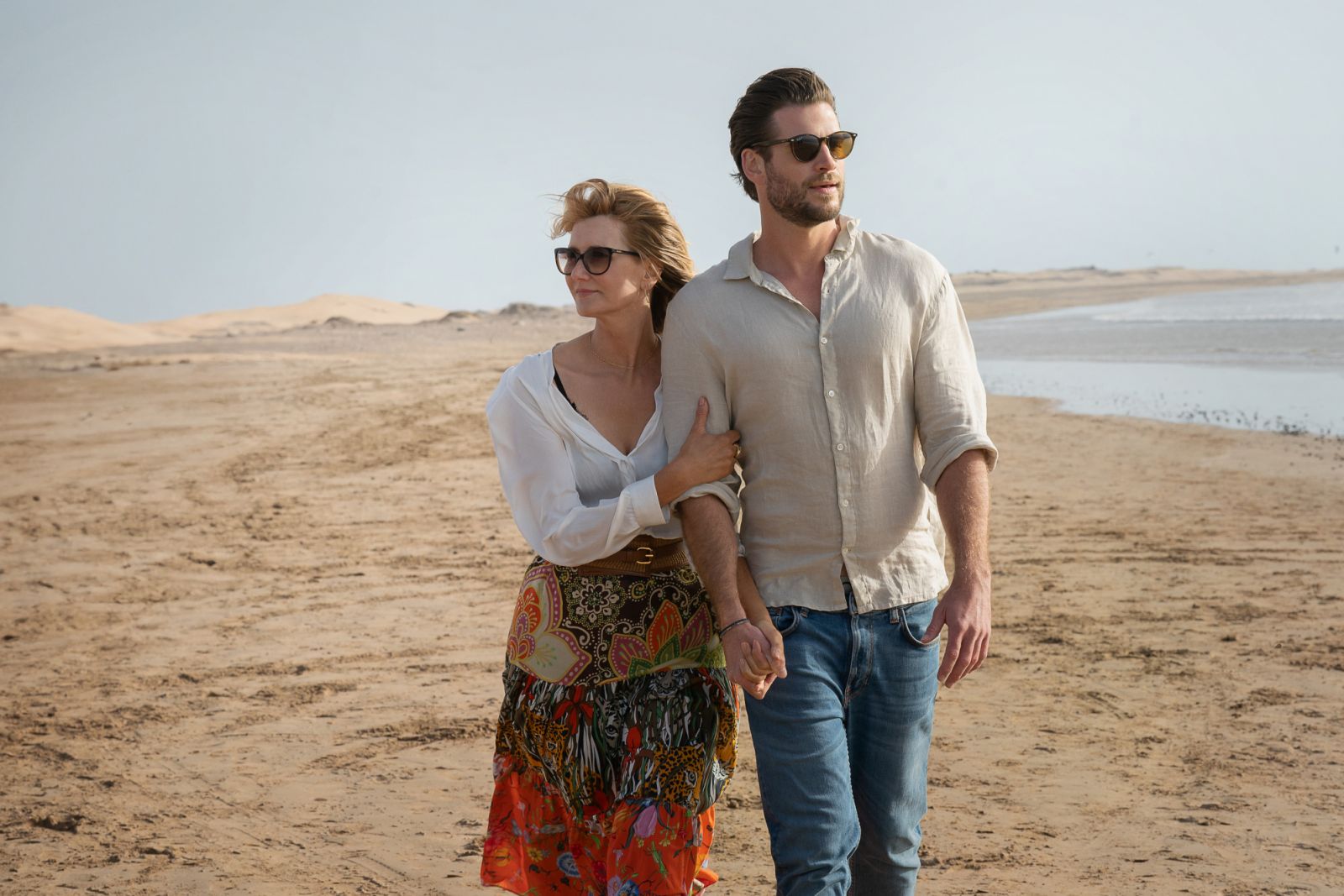 Laura Dern as Katherine Loewe and Liam Hemsworth as Owen Brophy in Netflix’s “Lonely Planet”. Credit: Hilary Bronwyn Gayle/Netflix © 2024