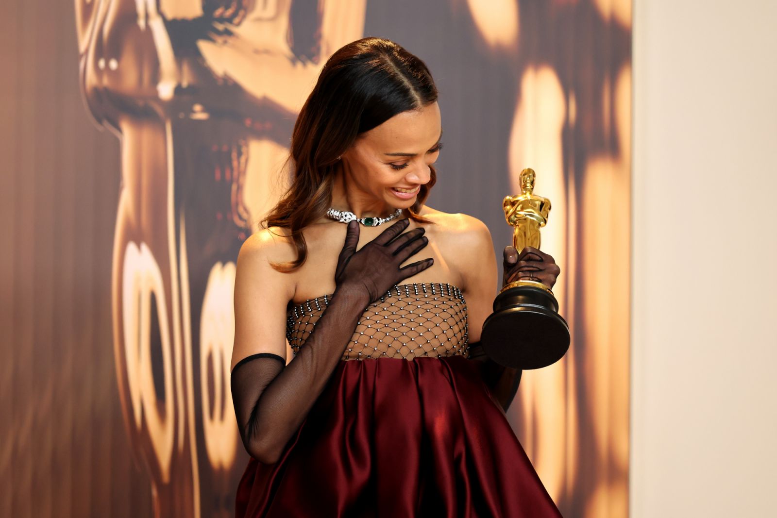 HOLLYWOOD, CALIFORNIA - MARCH 02: Zoe Saldaña, winner of the Best Actress in a Supporting Role for “Emilia Pérez”, poses in the press room during the 97th Annual Oscars at Ovation Hollywood on March 02, 2025 in Hollywood, California. (Photo by Mike Coppola/Getty Images)