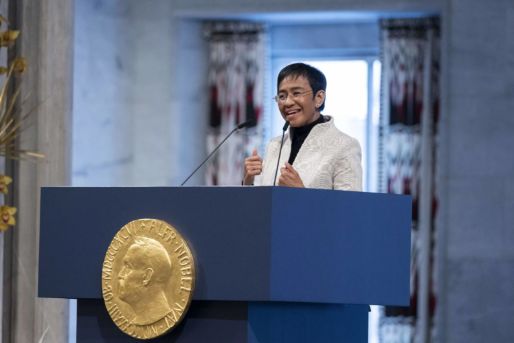 Maria Ressa delivers her Nobel lecture in 2021 (Photo: Jo Straube/Nobel Prize Outreach)⁠
