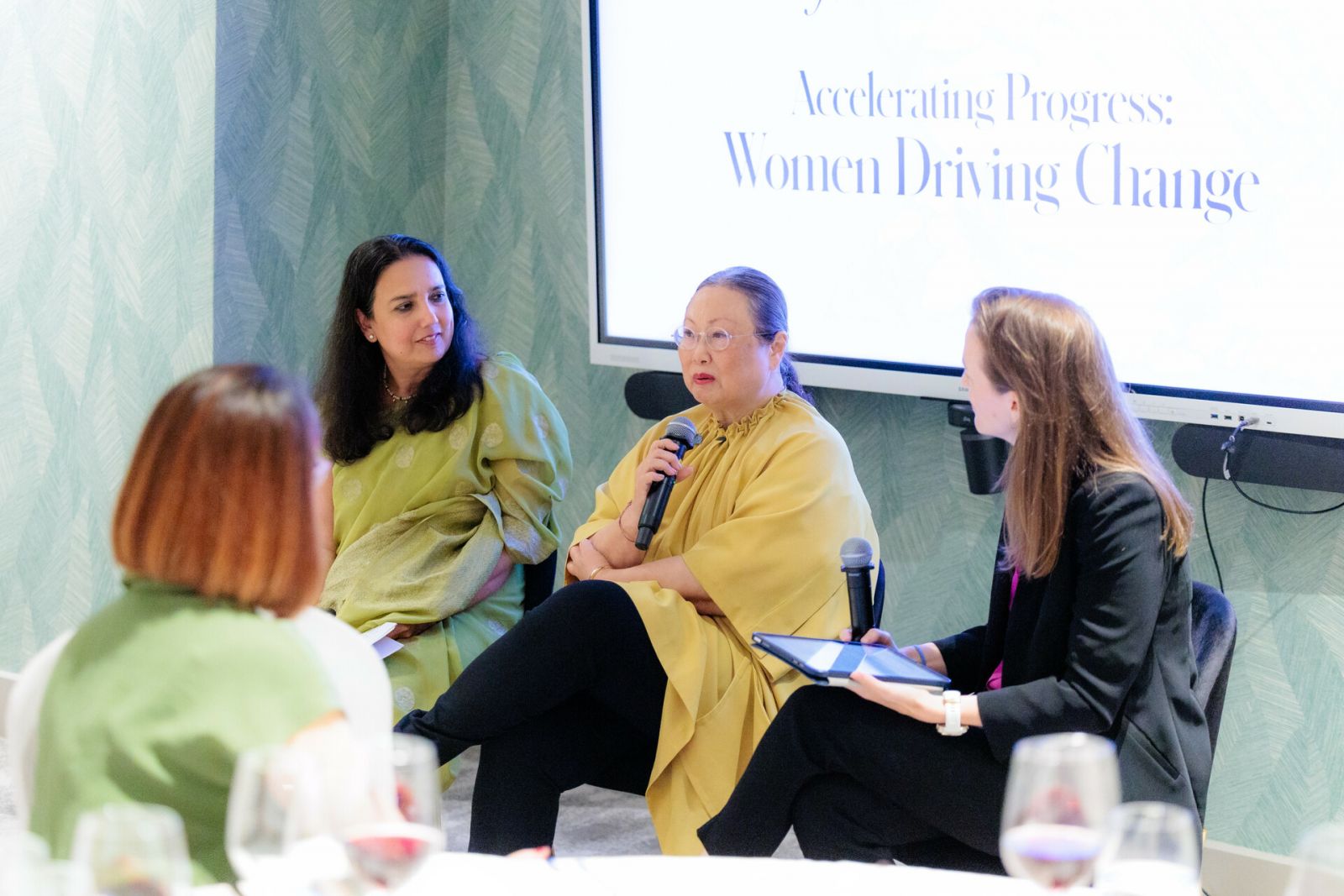 Naina Subberwal Batra and Dr Mary Ann Tsao discuss Accelerating Progress: Women Driving Change, moderated by Rachel Duffell