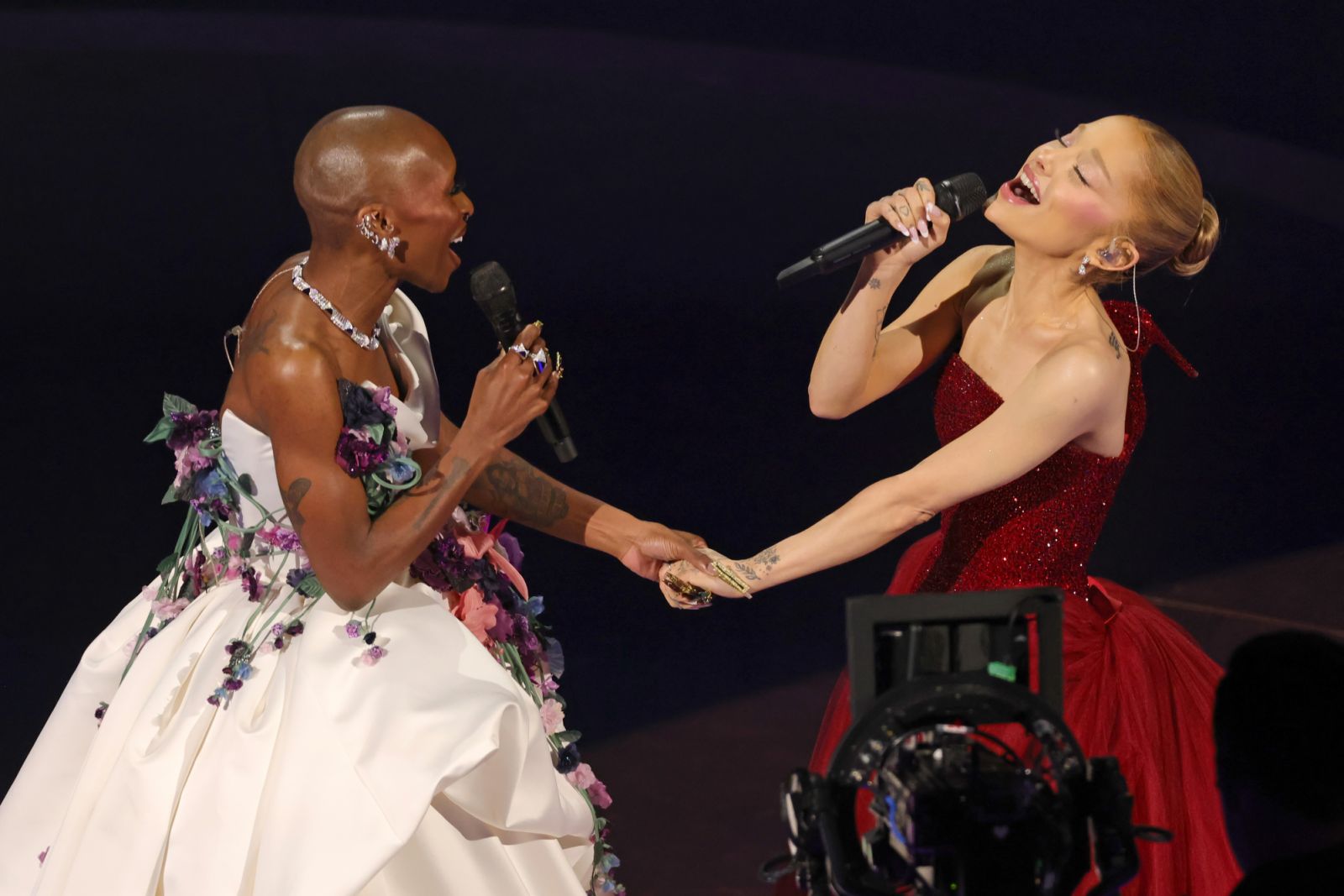 HOLLYWOOD, CALIFORNIA - MARCH 02: (L-R) Cynthia Erivo and Ariana Grande perform onstage during the 97th Annual Oscars at Dolby Theatre on March 02, 2025 in Hollywood, California. (Photo by Kevin Winter/Getty Images)