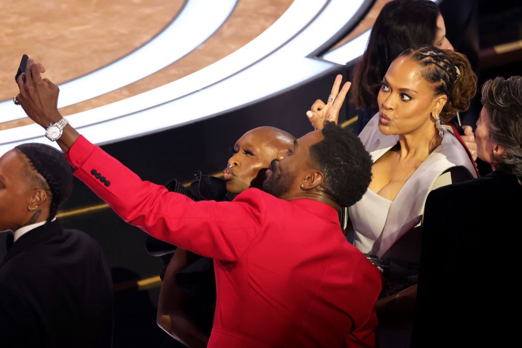 HOLLYWOOD, CALIFORNIA - MARCH 02: (L-R) Cynthia Erivo, Colman Domingo and Ava DuVernay in the audience during the 97th Annual Oscars at Dolby Theatre on March 02, 2025 in Hollywood, California. (Photo by Kevin Winter/Getty Images)