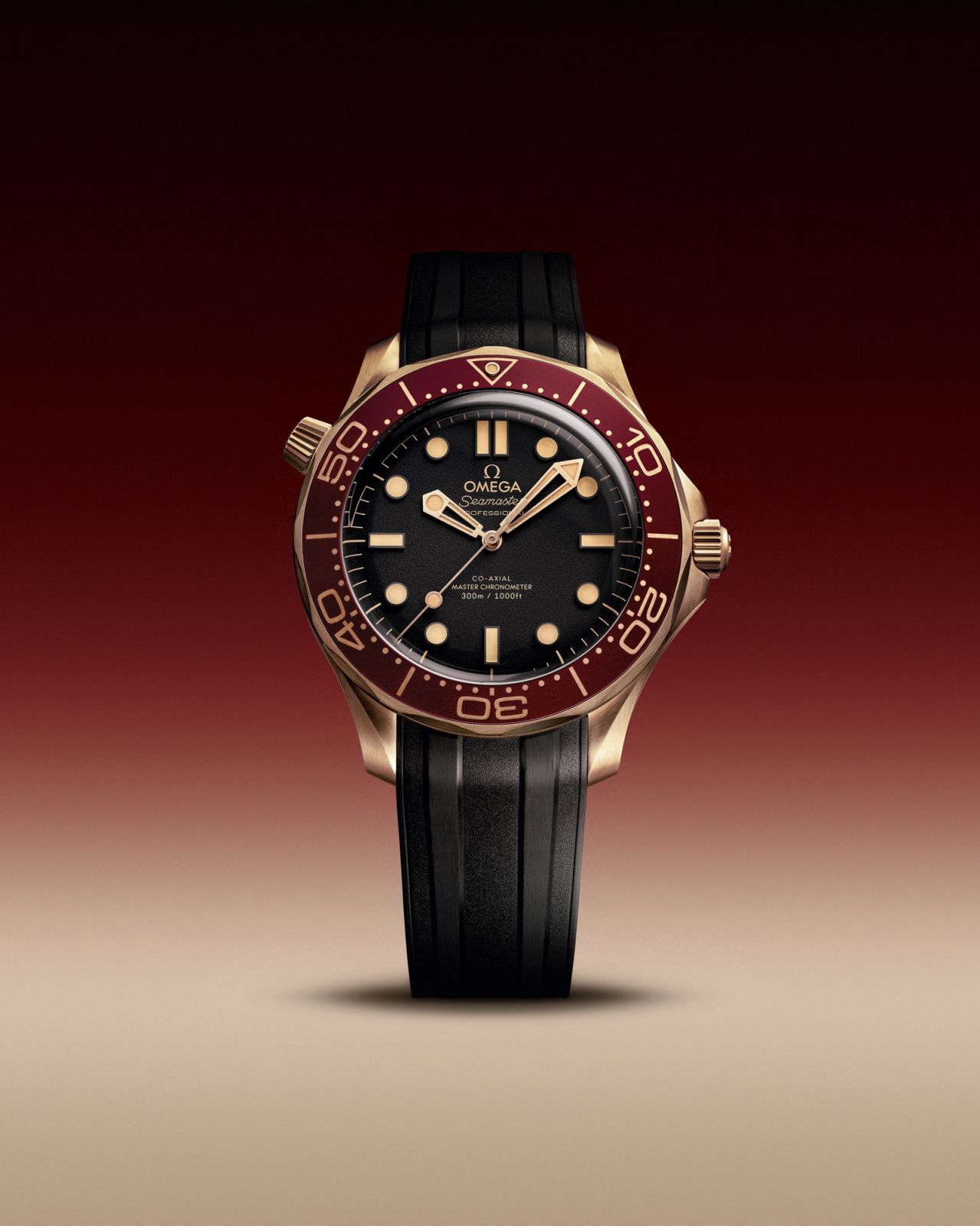 Omega Seamaster Diver 300M in Bronze Gold and Burgundy on a rubber strap (Photo: Courtesy of Omega)