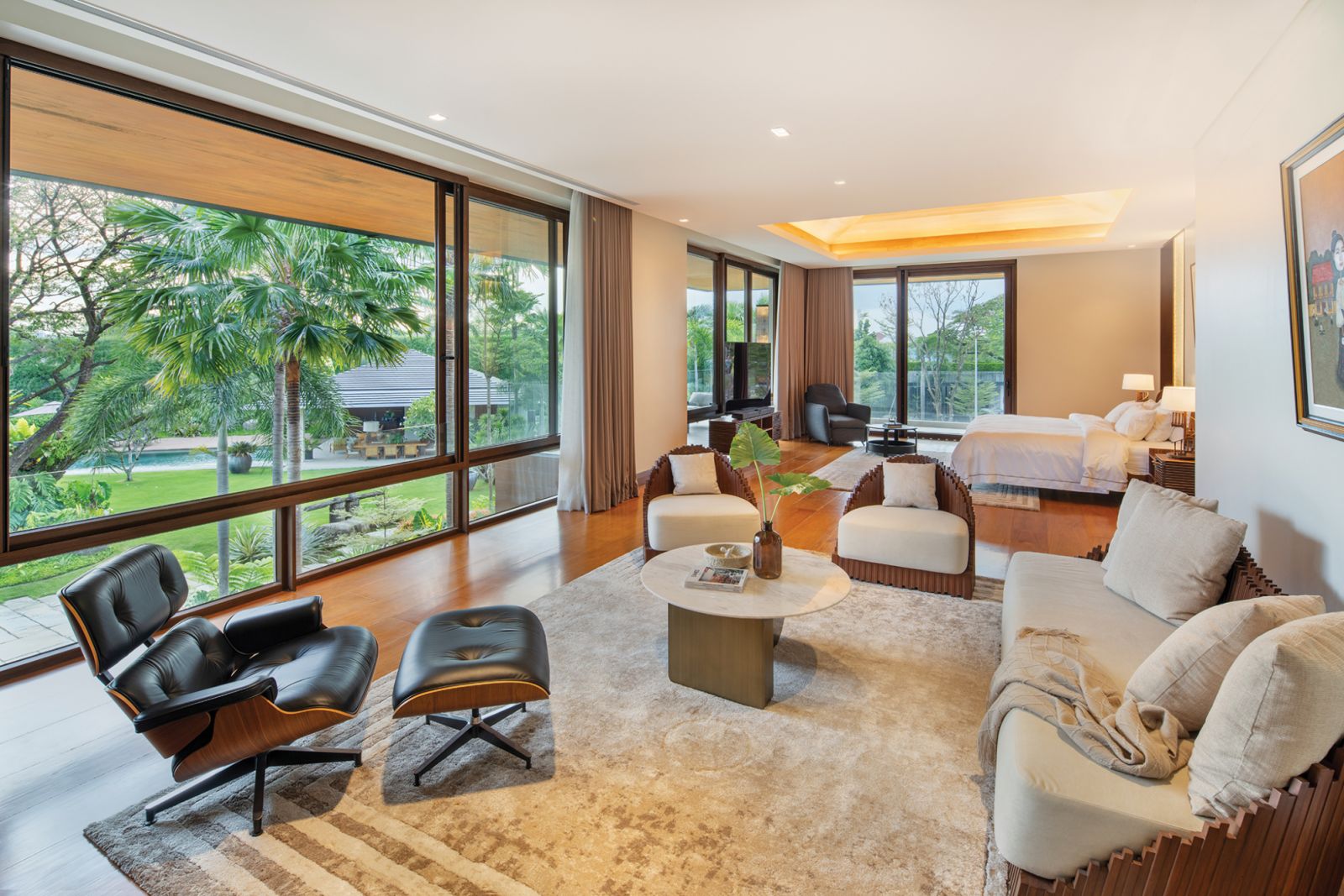 The primary bedroom overlooks the entire garden
