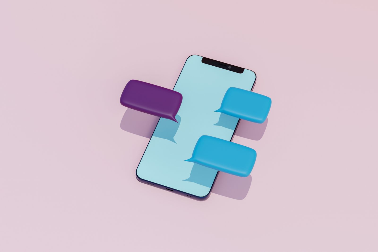 Computer generated image of smart phone with messaging bubbles hovering above it on a pink background.