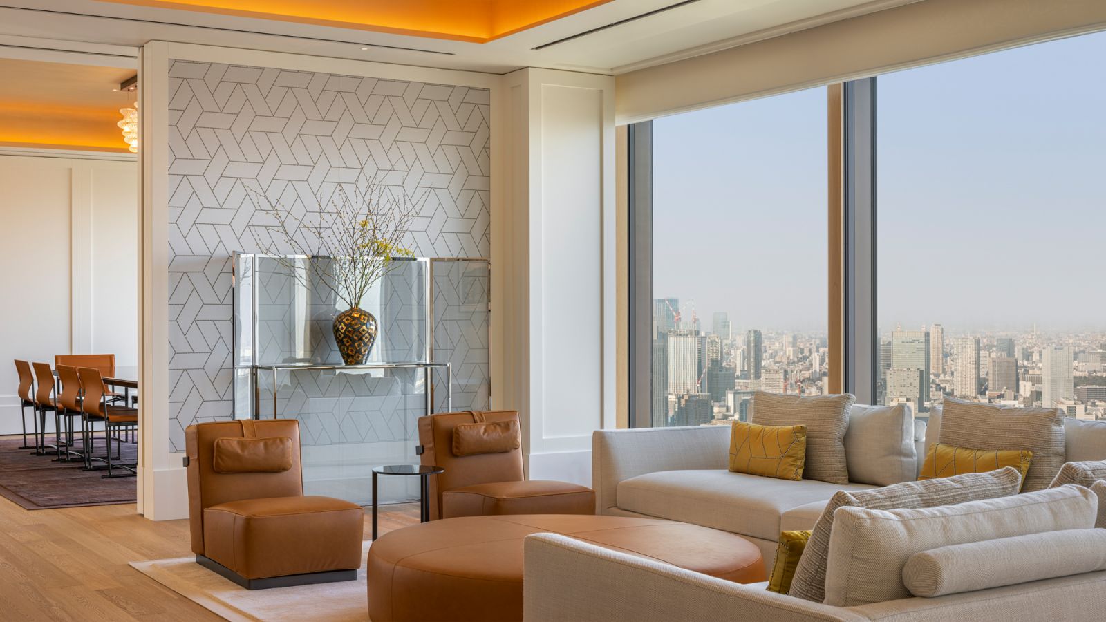 The meticulously appointed living area of the Bvlgari Suite