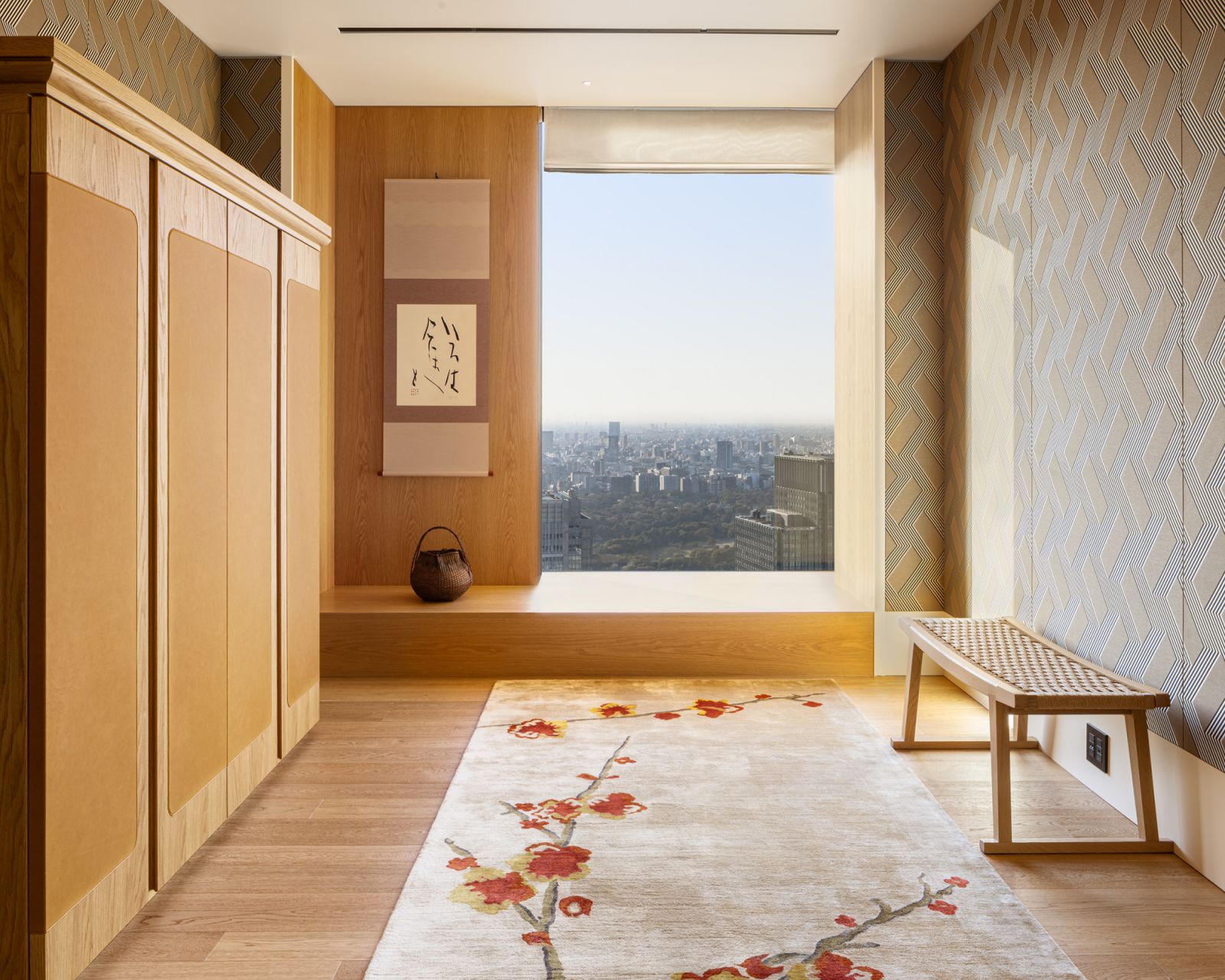 Traditional Japanese influences are apparent in this corner of the suite, which features a tokonoma-inspired bay window