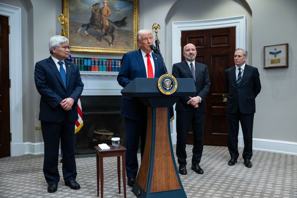 WASHINGTON, DC - MARCH 3: President Donald Trump (C) holds a press conference with TSMC CEO C.C. Wei (L) to announce that Taiwan Semiconductor Manufacturing Company (TSMC) plans to invest $100 billion in new manufacturing facilities in the United States in the Roosevelt Room of the White House on March 3, 2025 in Washington, DC. President Trump was also joined by United States Secretary of Commerce Howard Lutnick and White House AI and Crypto Czar David Sacks (R). (Photo by Annabelle Gordon for The Washin