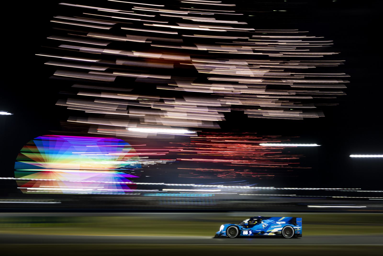 Fireworks light up the sky above infield racing action during the 2025 Rolex 24 at Daytona.
#88 AF Corse, ORECA LMP2 07, LMP2; Luis Perez Companc (ARG), Nicklas Nielsen (DNK), Matthieu Vaxiviere (FRA), Dylan Murry (USA)
