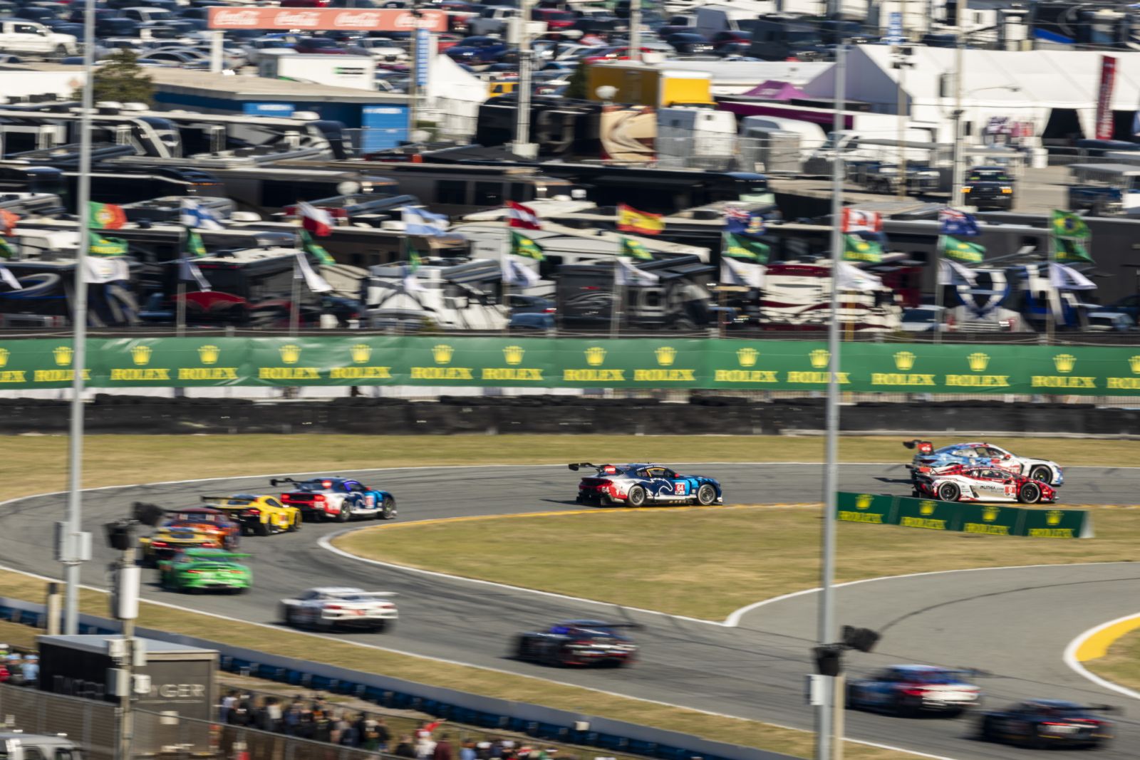 The field enters the International Horseshoe during early laps of the 2025 Rolex 24 at Daytona.