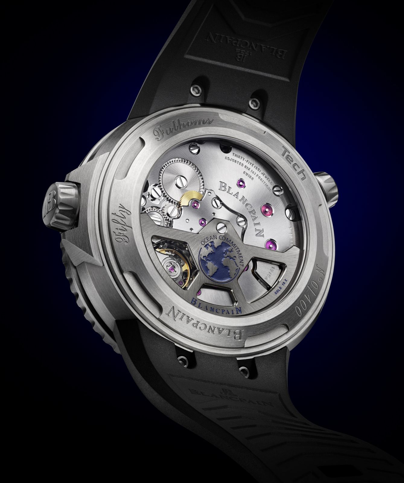 The open caseback of Blancpain Fifty Fathoms Tech BOC IV, revealing the gold rotor