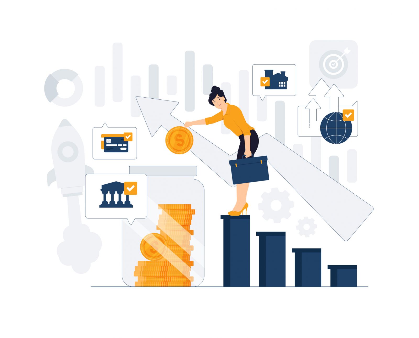 Investment growth, investing money management, investor making trading plans on stock market and calculating benefits concept illustration.