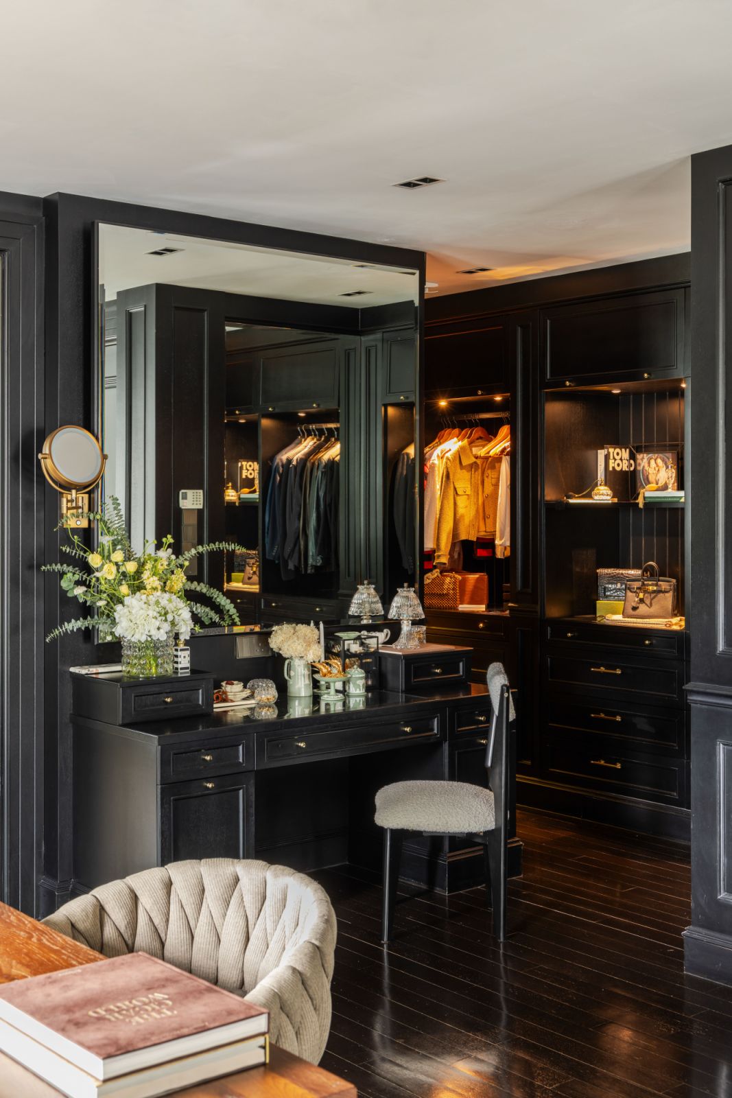 Custom lighting and thoughtful details enhance the master bedroom's distinctive atmosphere