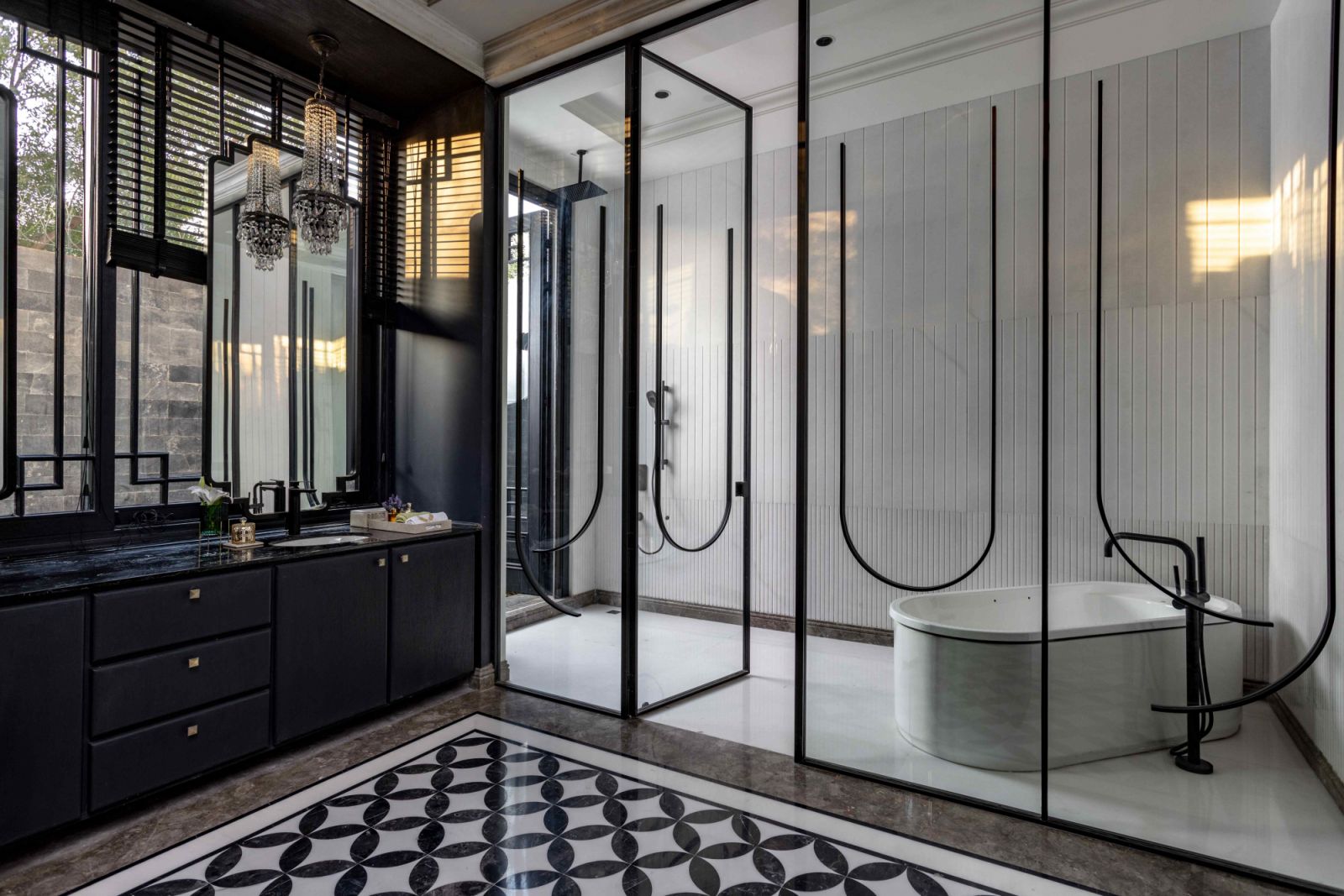 The spacious primary bathroom