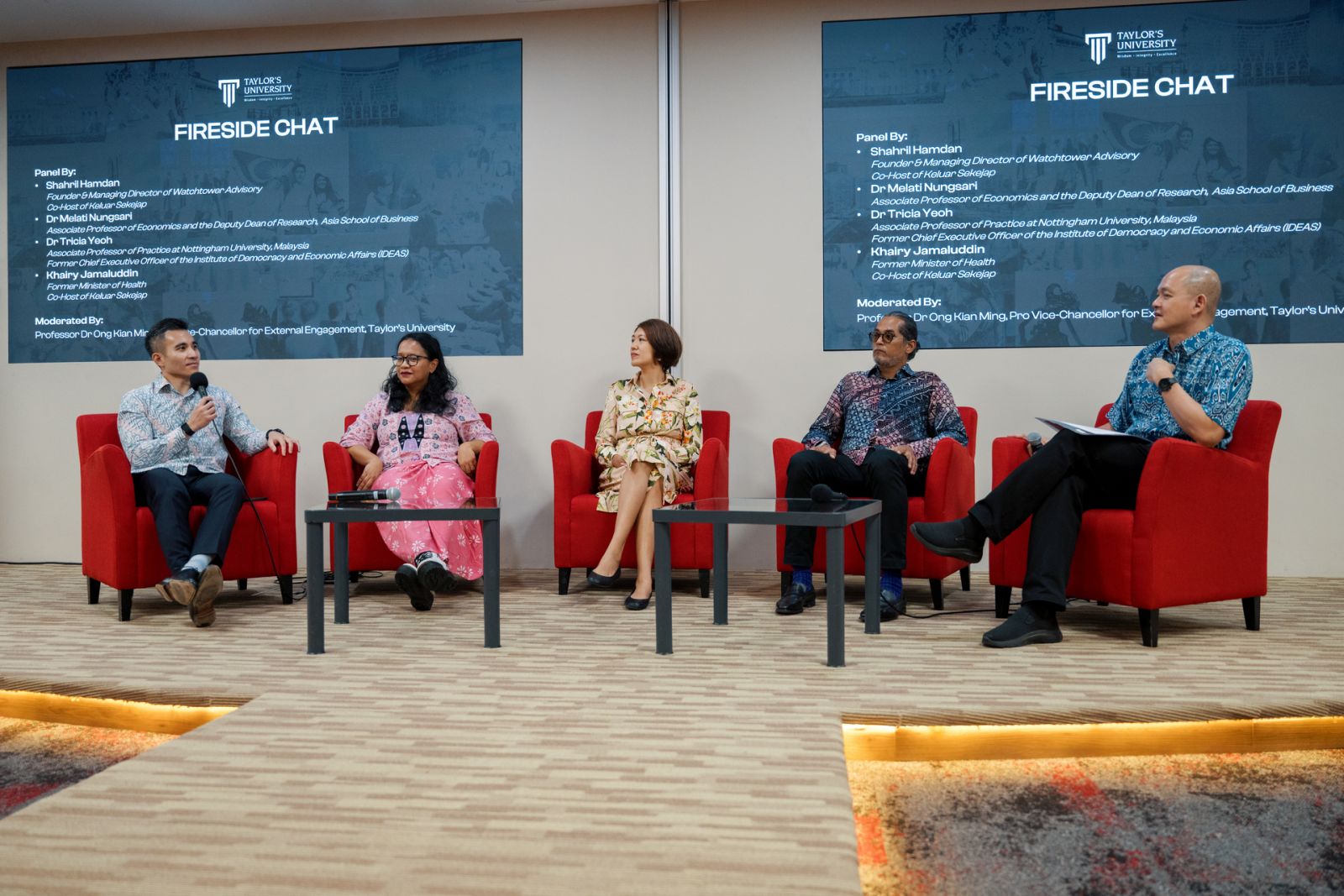 L to R: Distinguished panelists, Shahril Hamdan, Dr Melati Nungsari, Dr Tricia Yeoh, Khairy Jamaluddin and Professor Dr Ong Kian Ming engaging in an insightful fireside chat, discussing the real-world applications of a multidisciplinary PPE education in shaping policy, business and governance