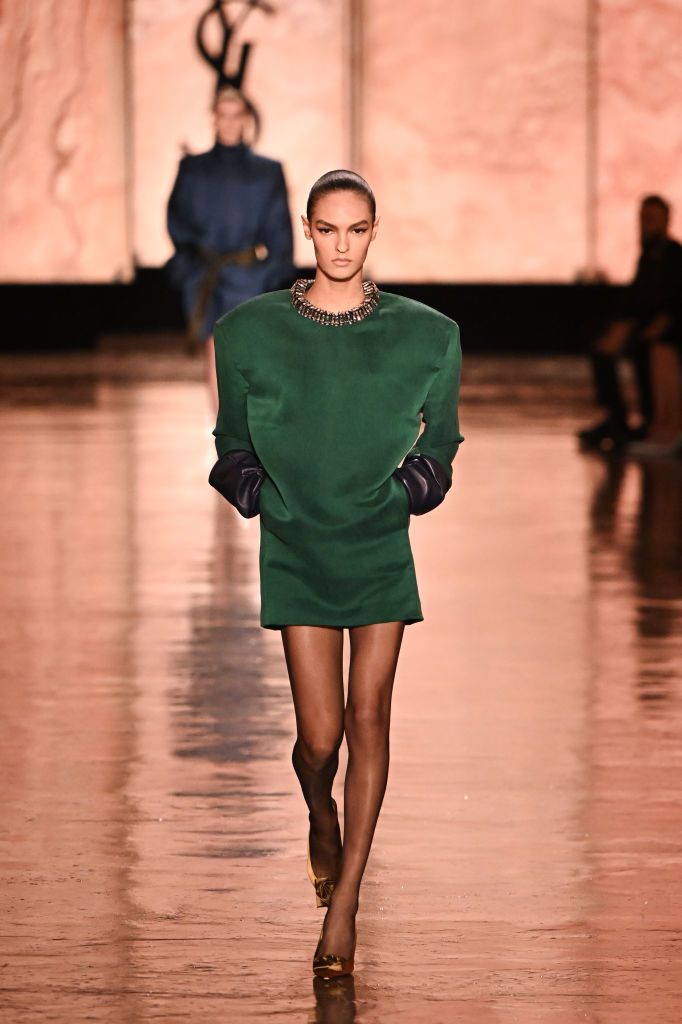 PARIS, FRANCE - MARCH 11: (EDITORIAL USE ONLY - For Non-Editorial use please seek approval from Fashion House) A model walks the runway during the Saint Laurent Womenswear Fall/Winter 2025-2026 show as part of Paris Fashion Week on March 11, 2025 in Paris, France. (Photo by Stephane Cardinale - Corbis/Corbis via Getty Images)