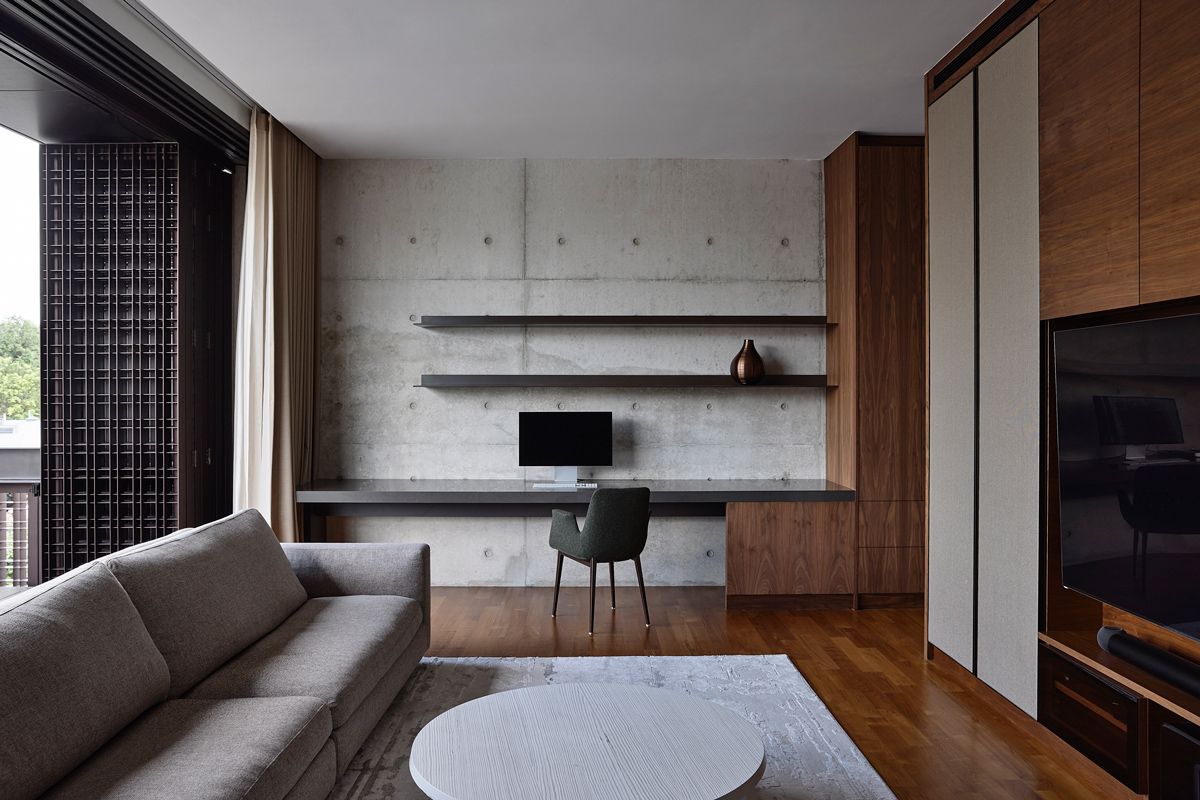 The minimalist study enjoys fresh air when the screens are open