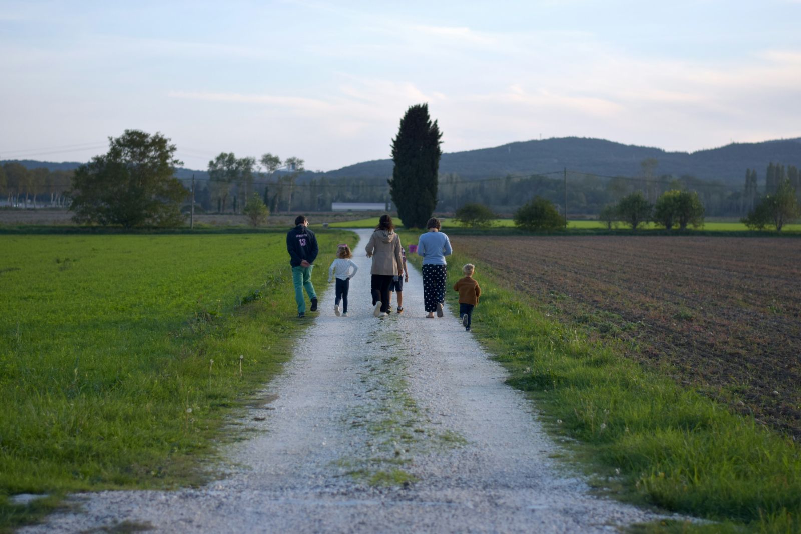 Family walking on greenery