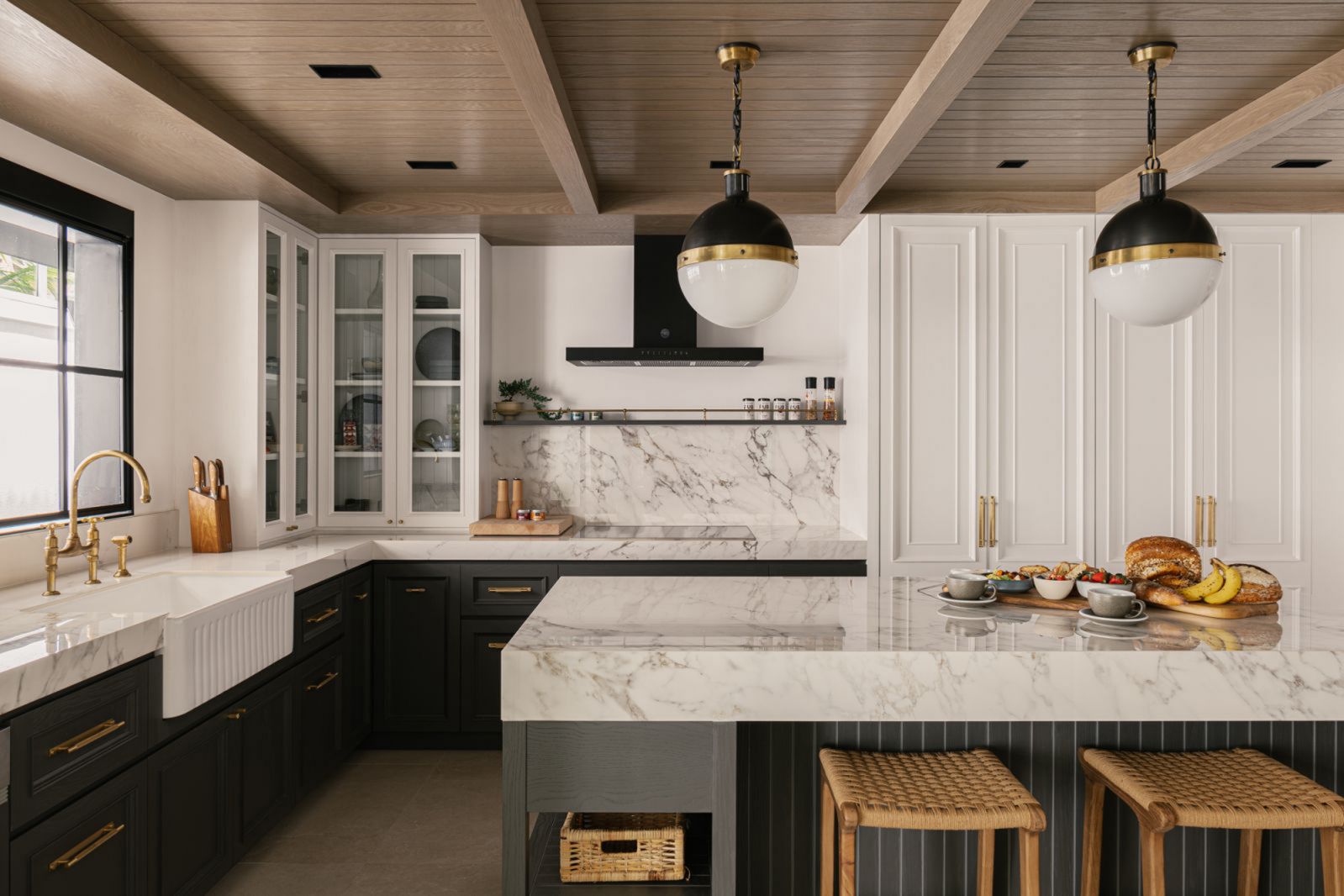 The kitchen island doubles as a stylish breakfast counter