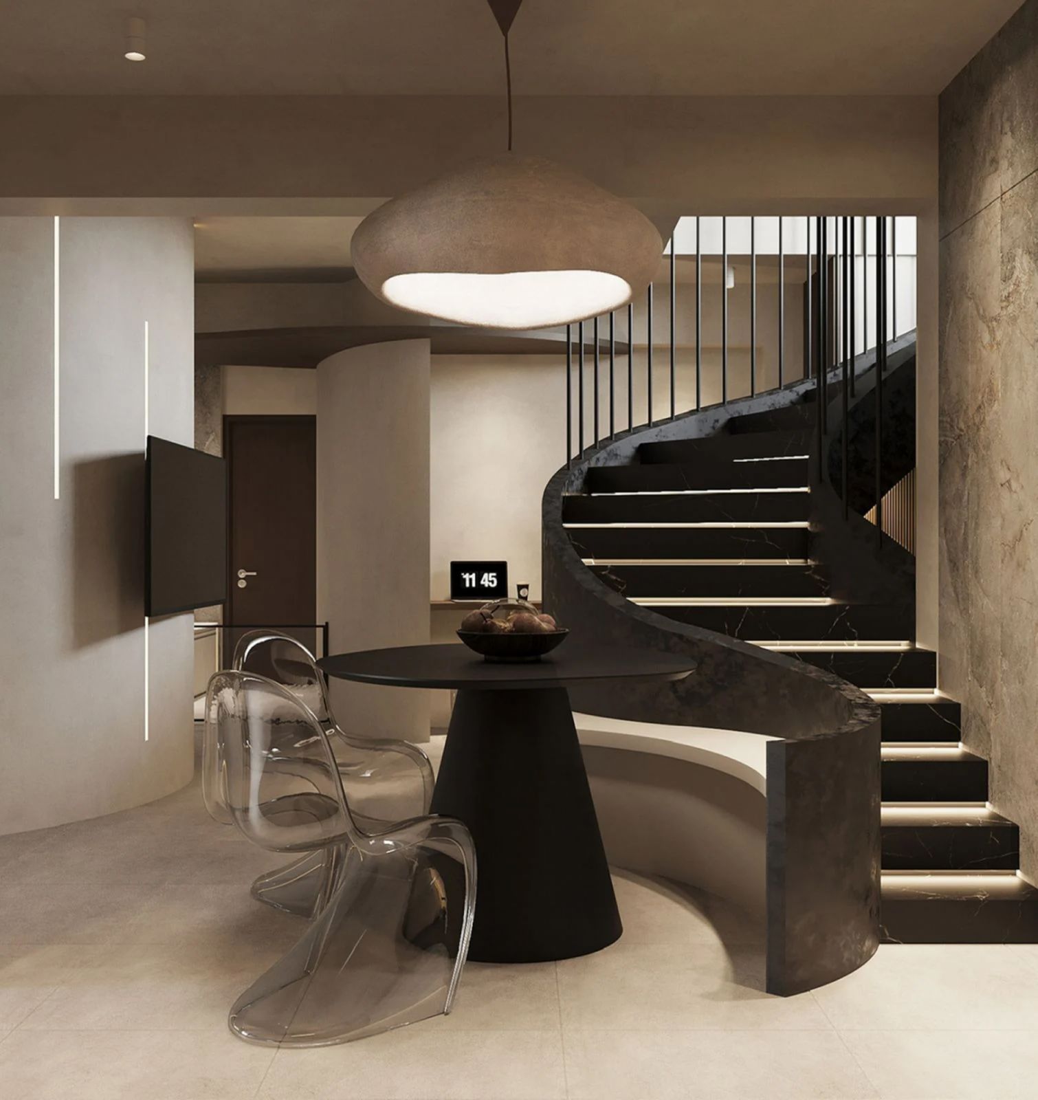 Alongside the staircase in this Choa Chu Kang apartment, LA Design Studio seamlessly integrated a settee, crafted for dinners at home and intimate gatherings