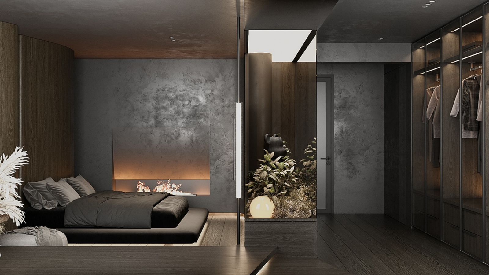 The open-concept bathroom is separated from the bedroom by an elegant glass enclosure