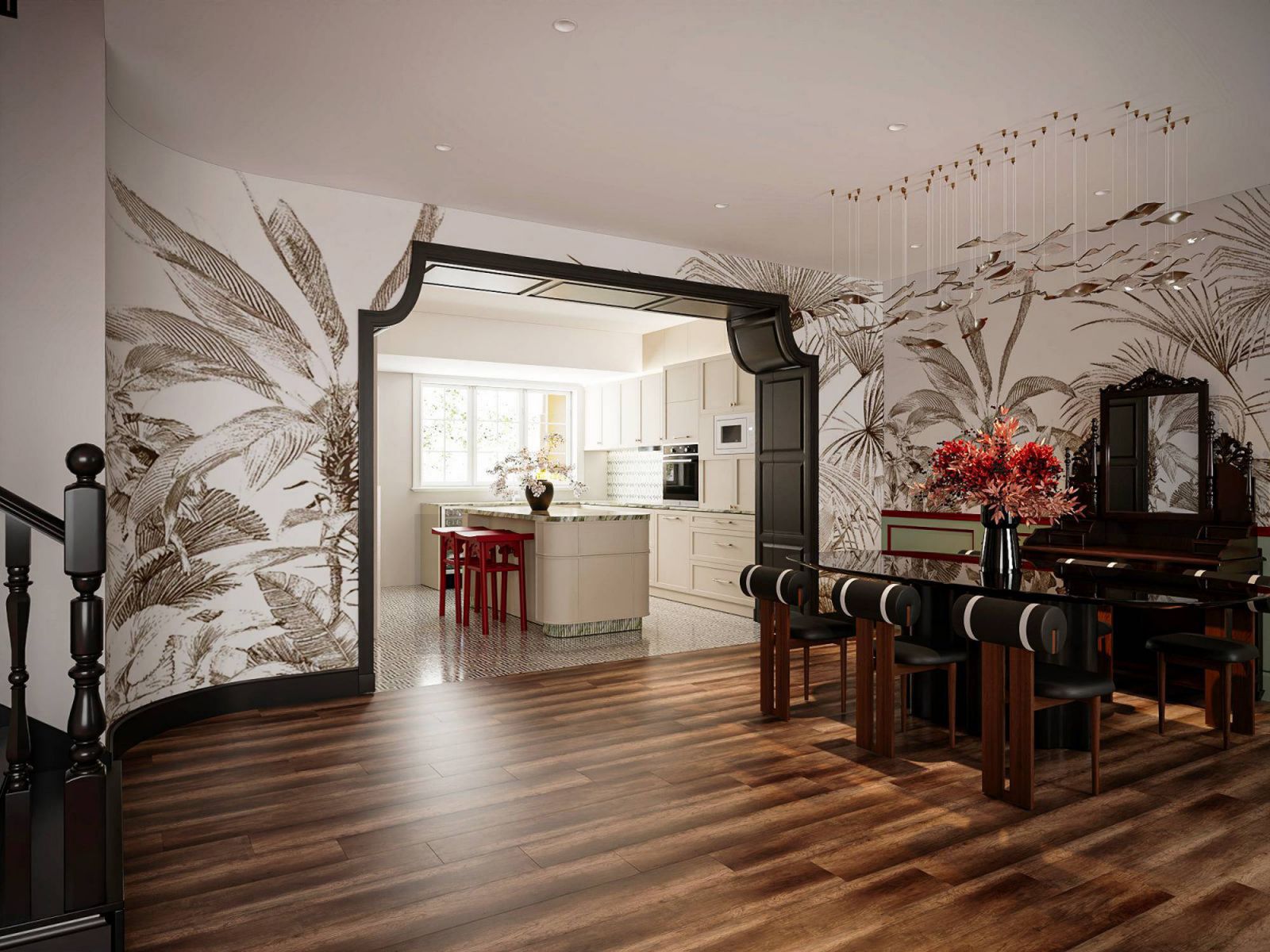 The common areas of the Bukit Timah landed house by Sketchwork Design & Style, with a view of the show kitchen