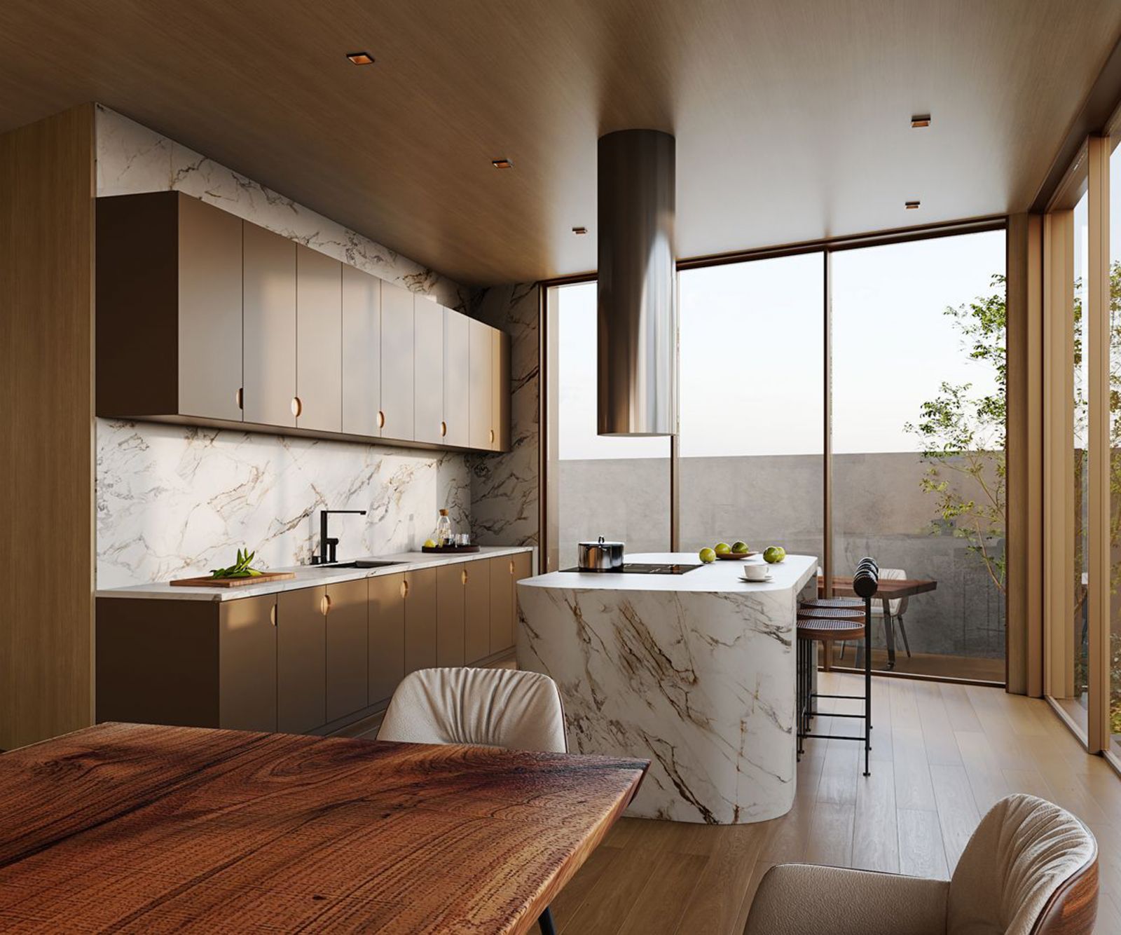 This dining room is adjacent to an open pantry with a cosy breakfast counter