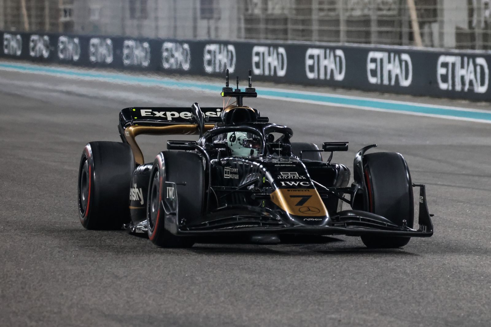 The APX GP car of Sonny Hayes, portrayed by Brad Pitt in the upcoming 'F1' movie by Jpseph Kosinski is driving on the track during Formula 1 Testing at Yas Marina Circuit on December 10, 2024 in Abu Dhabi, United Arab Emirates. (Photo by Beata Zawrzel/NurPhoto via Getty Images)
