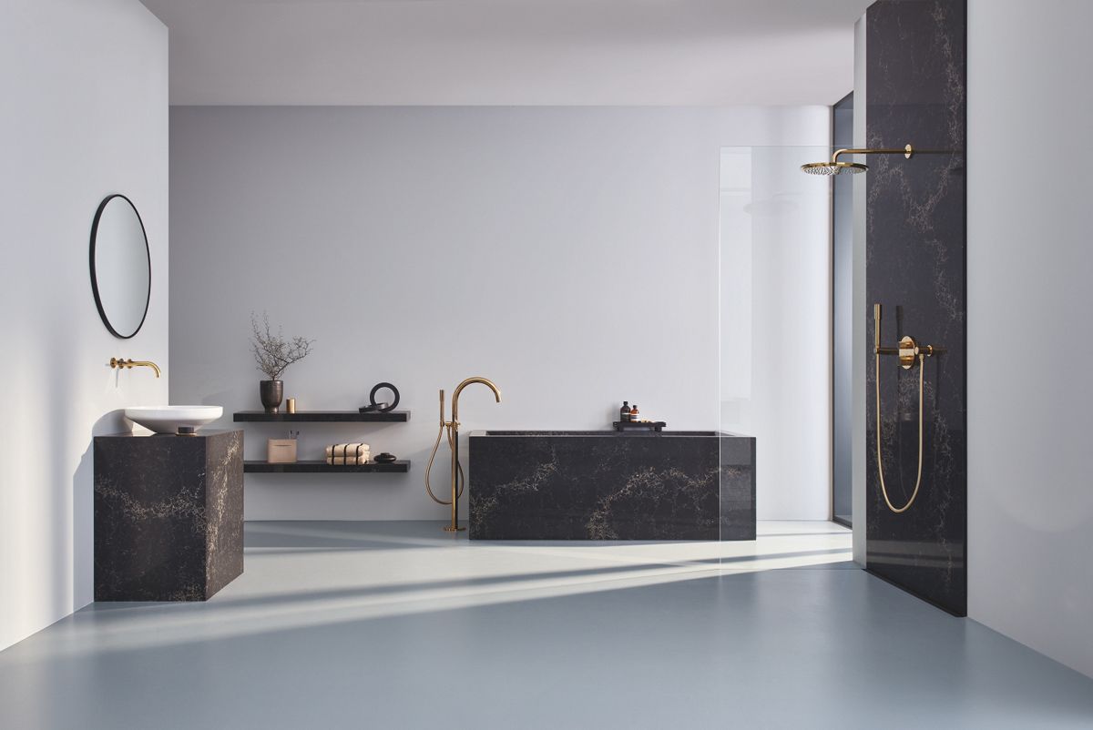 Grohe Atrio Private Collection uses Caesarstone surface as accent material