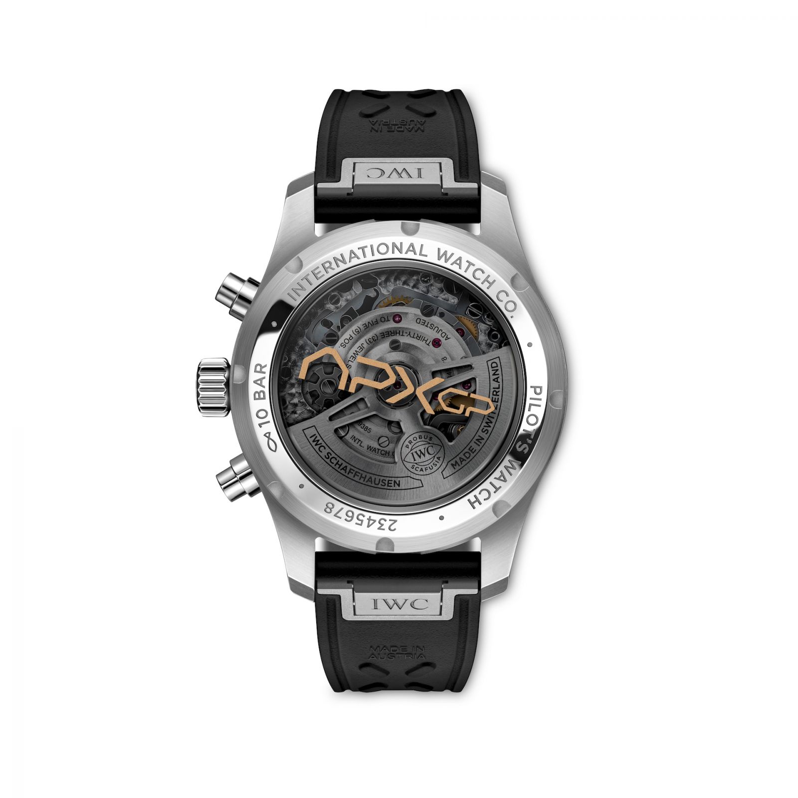 The caseback of IWC Pilot’s Watch Chronograph APXGP features the team logo printed in gold