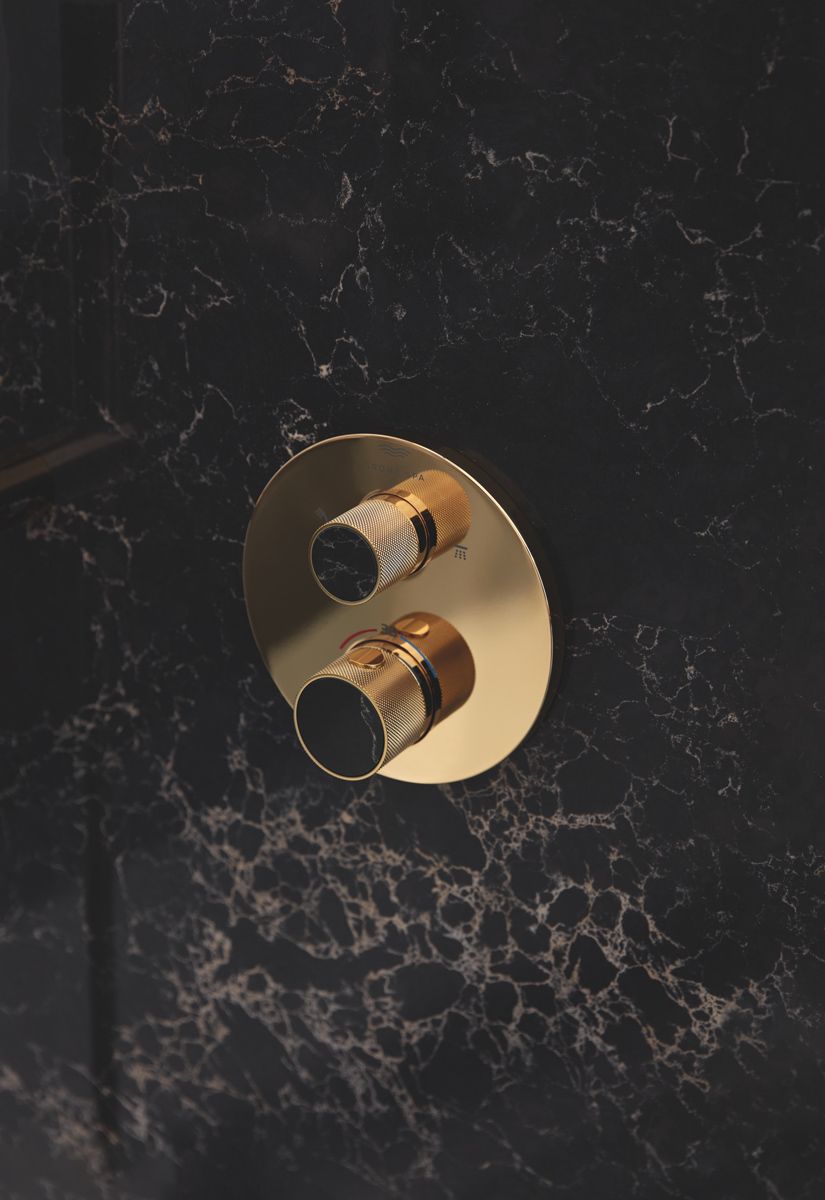 The Caesarstone detailing on Grohe Spa Atrio Private Collection shower fitting lends cohesiveness into the bathroom ensemble