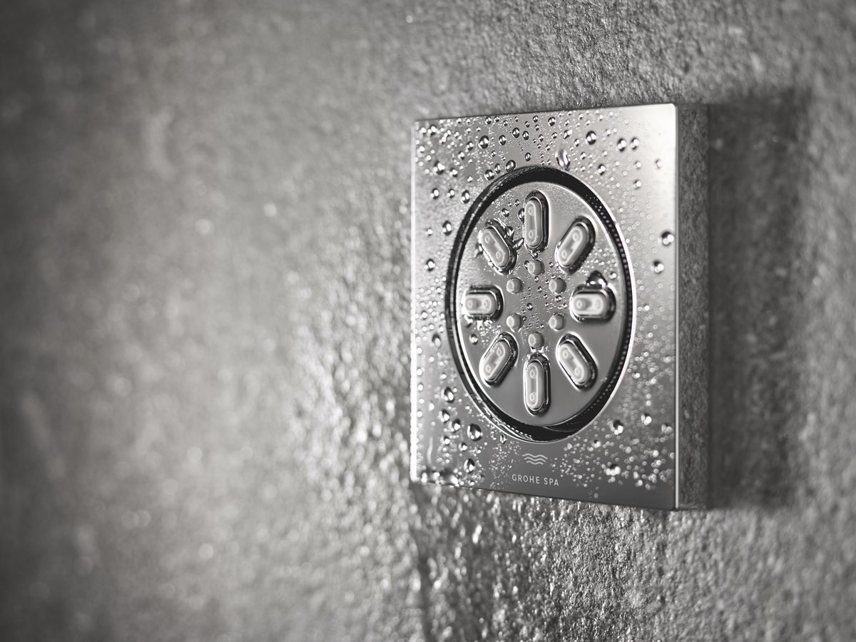 A close-up detail of Grohe Spa Rainshower Aqua Body Spray's chrome finish