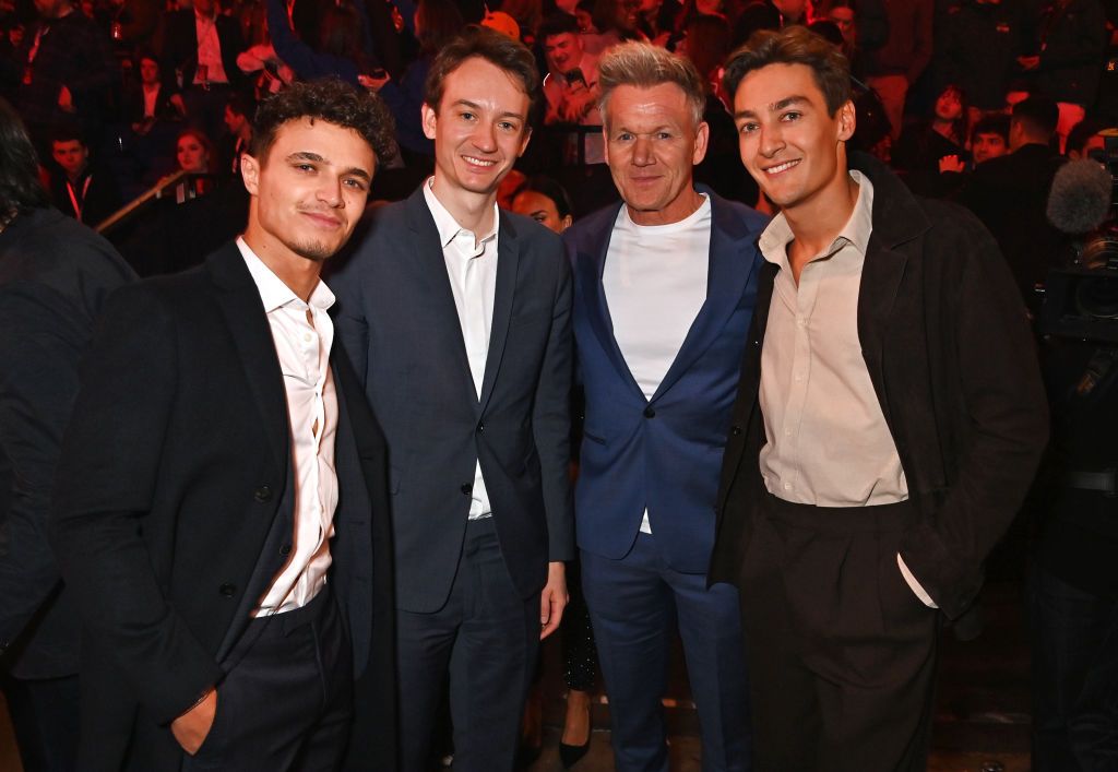 LONDON, ENGLAND - FEBRUARY 18: (L to R) Lando Norris of Great Britain and McLaren, TAG Heuer CEO Frederic Arnault, Gordon Ramsay and George Russell of Great Britain and Mercedes AMG Petronas F1 Team attend F1 75 Live at The O2 Arena on February 18, 2025 in London, England. (Photo by Dave Benett - Formula 1/Formula 1 via Getty Images)