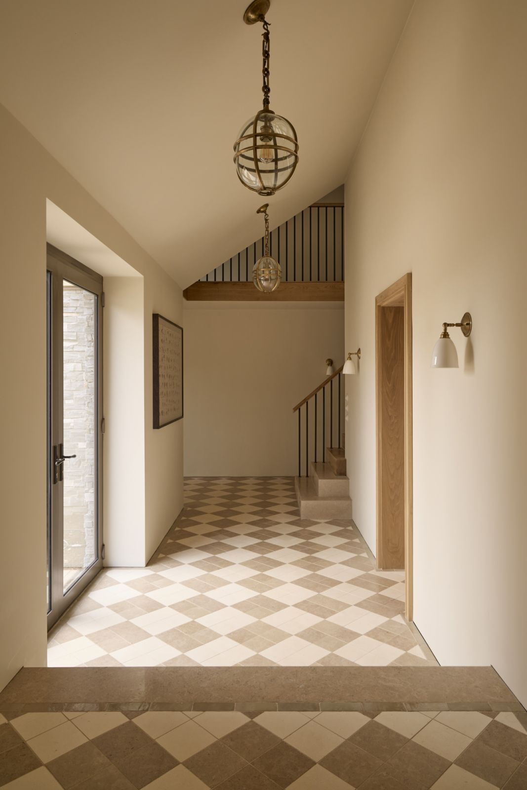 The chequerboard patterned flooring made up of two different limestones