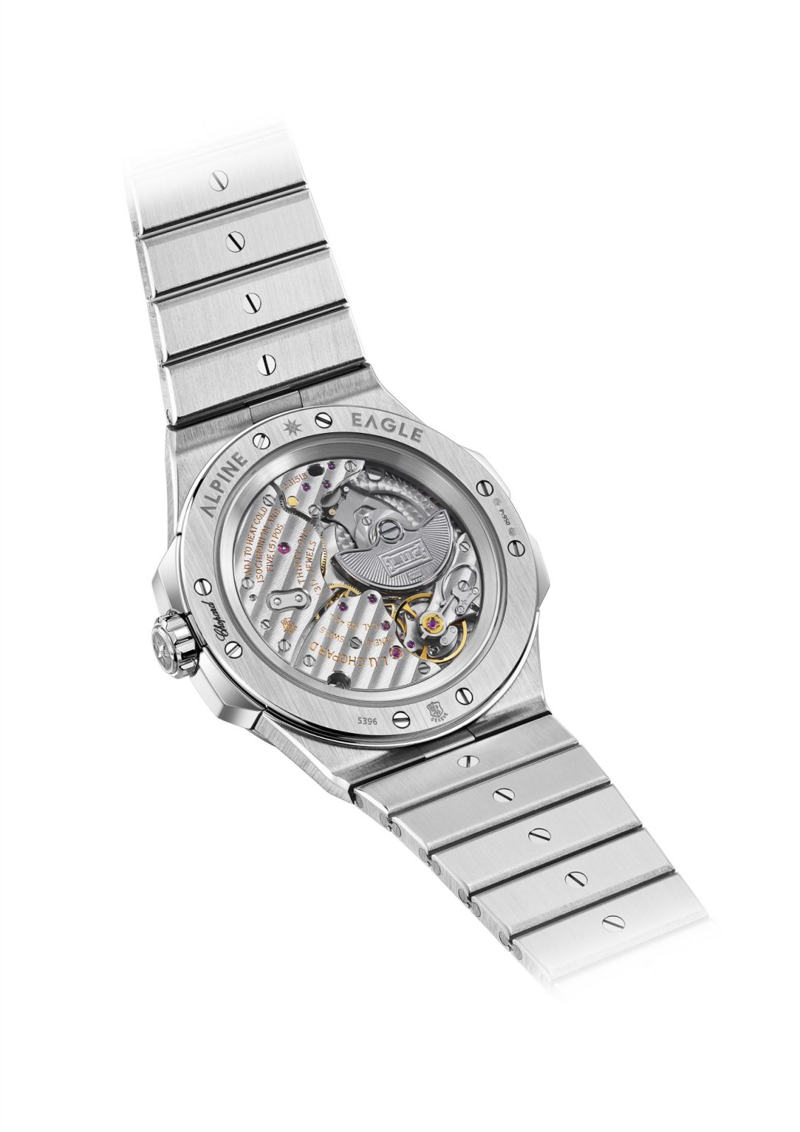 The caseback of the Chopard Alpine Eagle 41 XP CS Platinum features the bee symbol at the top