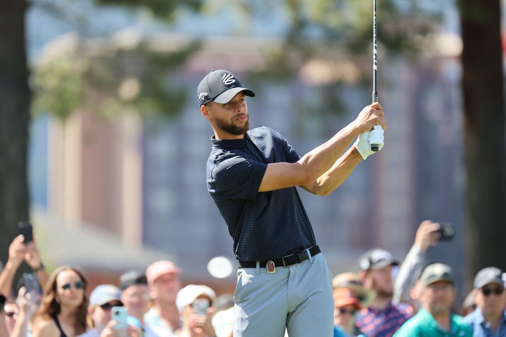 Stephen Curry of the NBA Golden State Warriors hits his tee on the 3rd hole on Day Three of the 2023 American Century Championship at Edgewood Tahoe Golf Course on July 16, 2023 in Stateline, Nevada (Photo by Isaiah Vazquez/Getty Images)