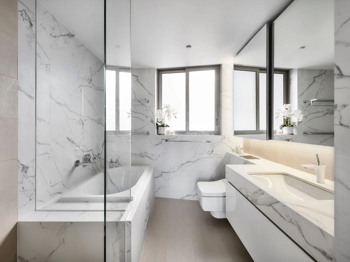 The bright and inviting master bathroom
