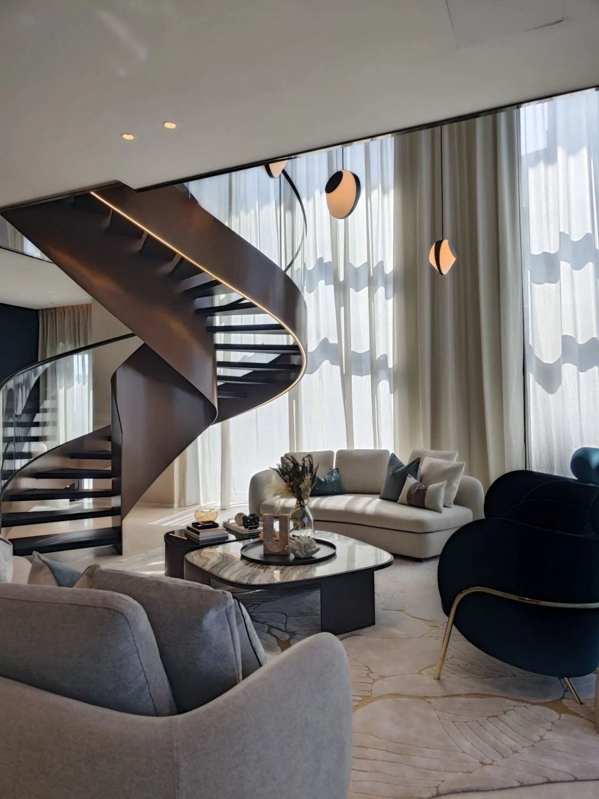 The double-volume living space enjoys plenty of natural light